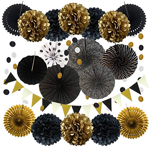 21Pcs Black and Gold Hanging Paper Pom Poms Flowers for Birthday Parties Wedding Décor