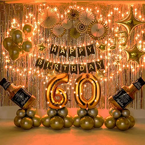 60th Birthday Party Supplies Set With String Light Include Gold Backdrop 40 Inches Number Balloons etc Perfect for Men and Women
