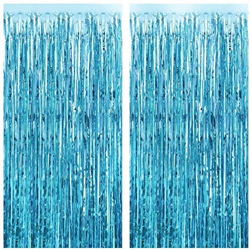 2pcs Light Blue Metallic Foil Fringe Curtains Photo Booth Props for Birthday Wedding