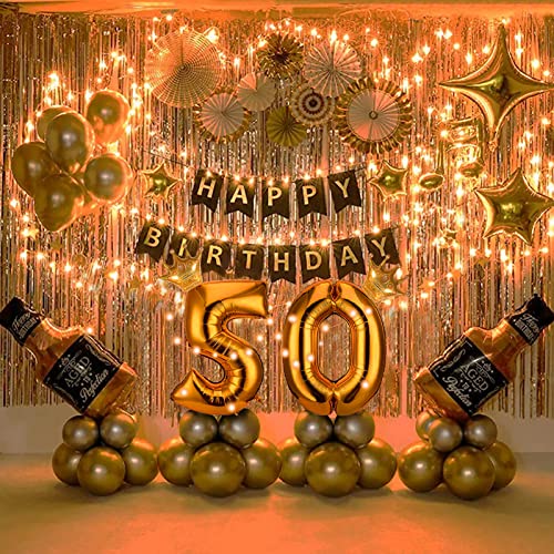 GoGoGoodie Birthday Decorations for Adult, 50th Birthday Party Supplies Set With String Light Include Gold Backdrop 40 Inches Number Balloons etc Perfect for Men and Women