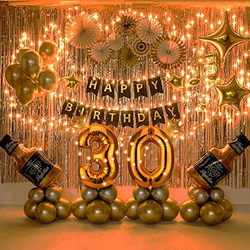 30th Birthday Party Supplies Set With String Light and Gold Backdrop