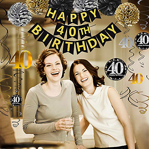 Gold Glittery Happy 40th Birthday Banner for 40th Anniversary Decorations