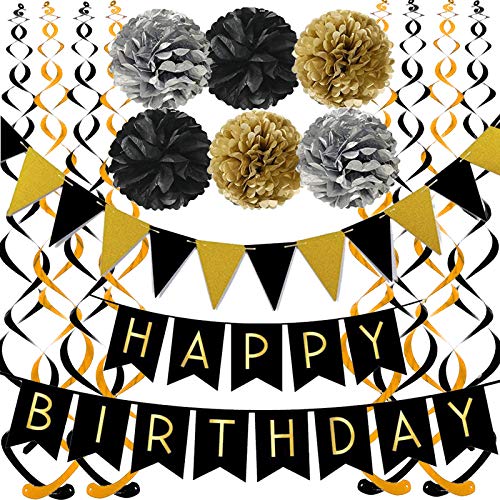 Black Happy Birthday Banner with Black Gold Paper Flag Bunting for Birthday Party Decorations