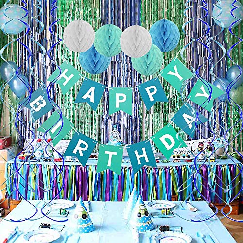 Blue Happy Birthday Banner Honeycomb balls Swirls Streamers for Birthday Decorations