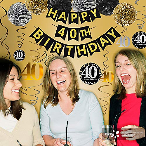 Gold Glittery Happy 40th Birthday Banner for 40th Anniversary Decorations