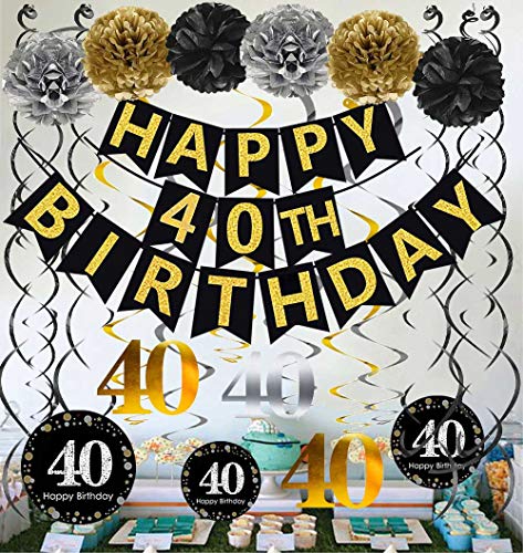 Gold Glittery Happy 40th Birthday Banner for 40th Anniversary Decorations
