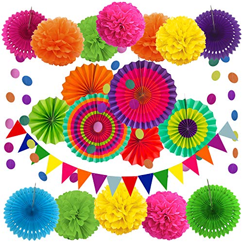 21Pcs Multi-color Hanging Paper Fans, Pom Poms Flowers for Wedding Décor, Fiesta or Mexican Party